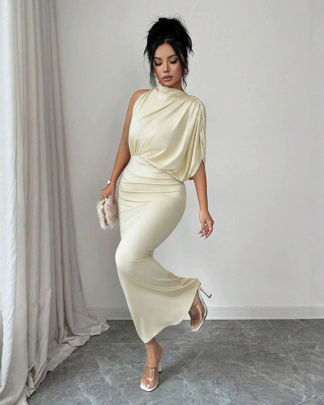 Mirella satin dress, full body view, elegant cream evening wear