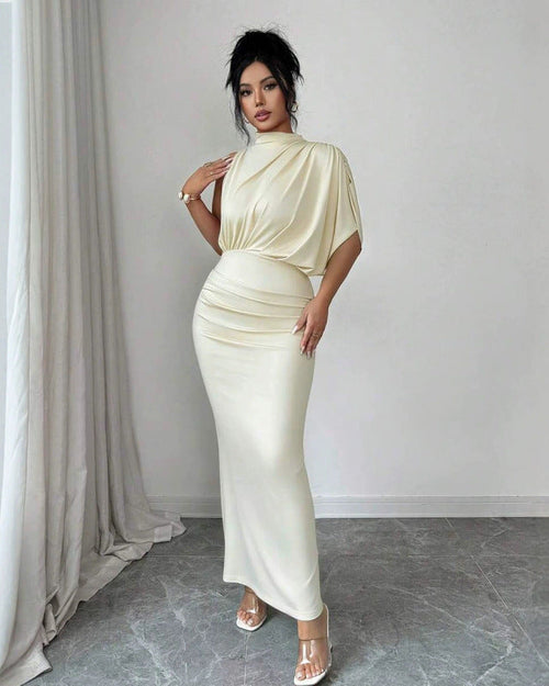 Mirella satin dress with off-shoulder design and high neckline