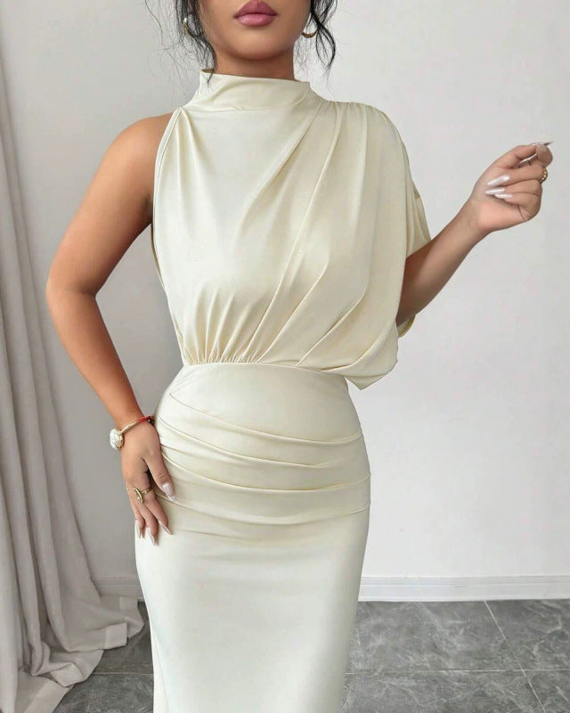 High neckline detail of the Mirella satin evening dress